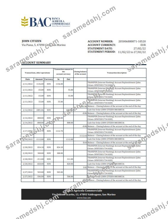 San Marino Banca Agricole Commerciale bank statement, Excel and PDF template
